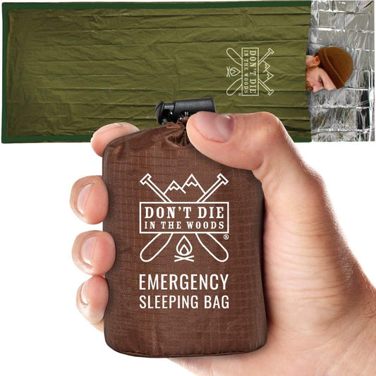 Don’T Die in the Woods - Emergency Sleeping Bag with Hood - Made with Extra Thick Thermal Mylar - 10 Essentials Hiking Camping Blanket, Survival Gear Tactical Car Disaster Bug Out First Aid Kits