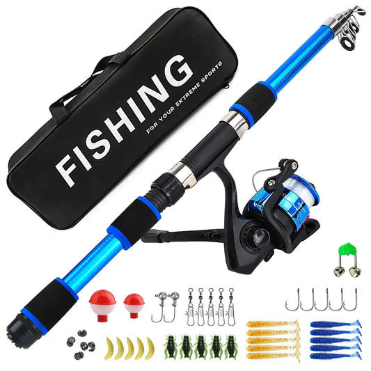 Expandable Set with Reel, Full Accessories Kit (Hooks, Soft Lures, Storage Bag), Freshwater Saltwater Universal Casting Gear, Fishing Tackle Kit