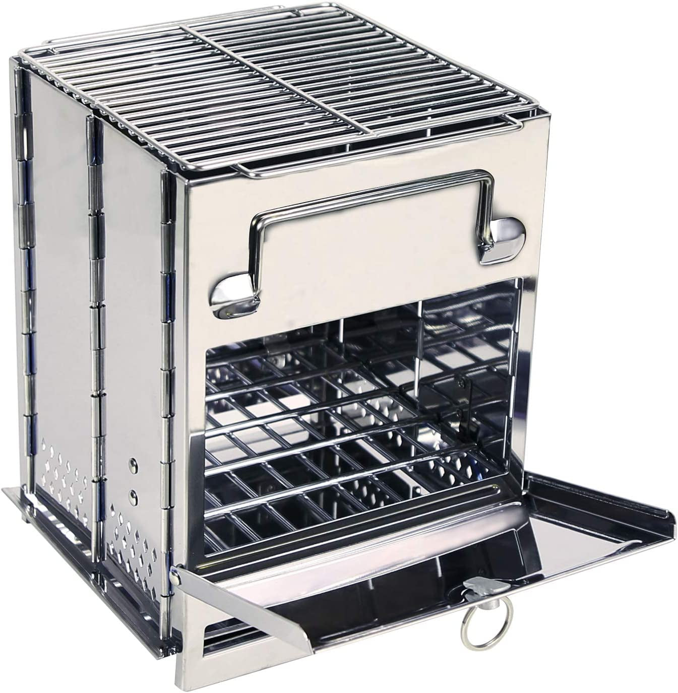 Camping Wood Burning Stove, Stainless Steel Compact Portable Foldable Mini Mult Fuel Camp Stove with Storage Bag, Perfect for Backpacking Hiking Outdoor Cooking Picnic BBQ (Silver-Large)