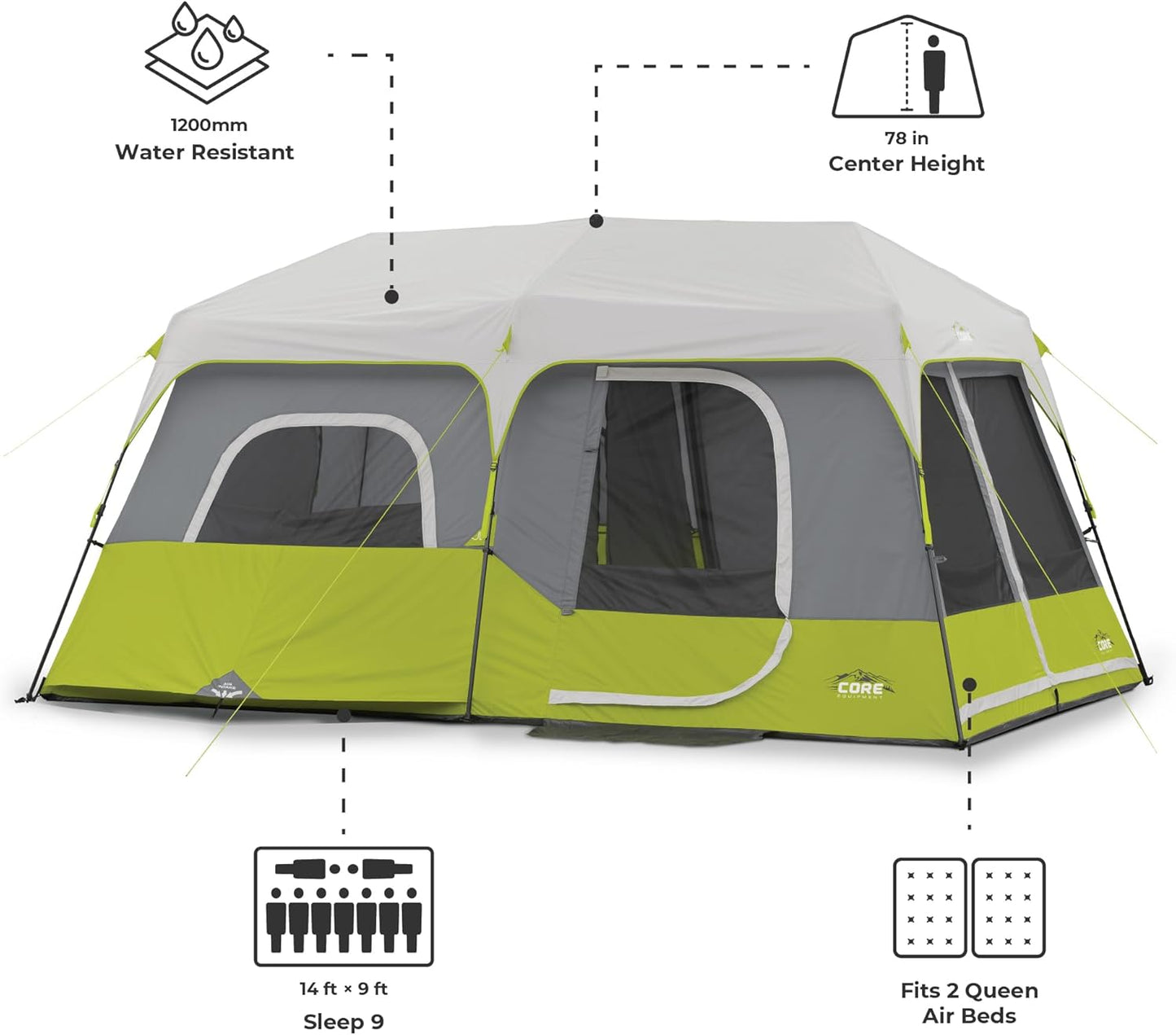 Spacious 9-Person Instant Cabin Tent - 14' x 9' - Easy Setup in Green