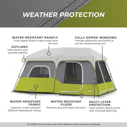 Spacious 9-Person Instant Cabin Tent - 14' x 9' - Easy Setup in Green