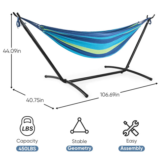 Hammock with Space Saving Stand, Heavy Duty Steel Frame, Portable for outside & Indoor Use, 450Lbs Capacity, Easy Assembly, Carrying Bag Included