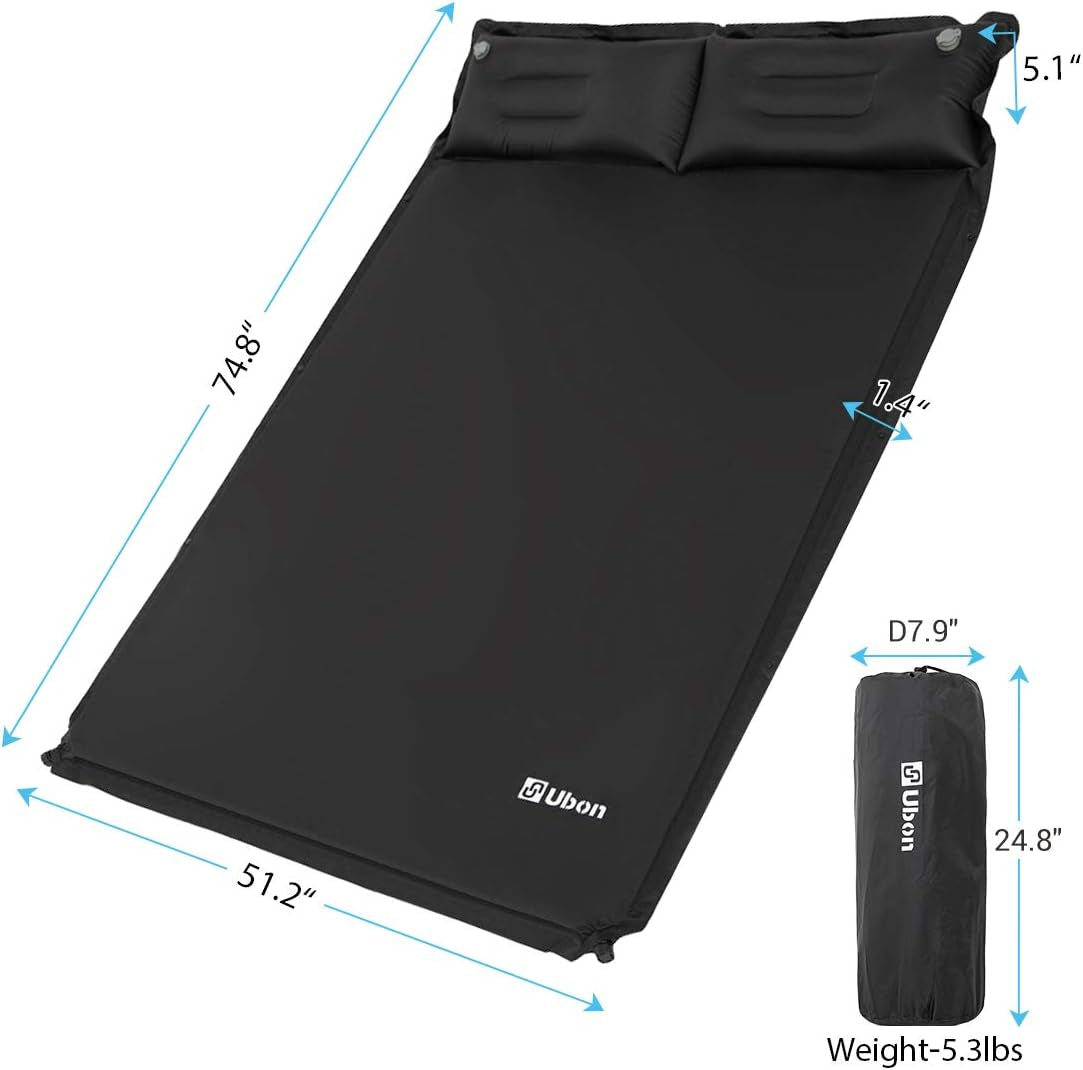Ultimate Double Self-Inflating Camping Sleeping Pad with Pillows - Perfect 2-Person Backpacking Mattress in Black