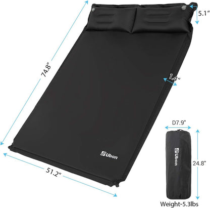 Ultimate Double Self-Inflating Camping Sleeping Pad with Pillows - Perfect 2-Person Backpacking Mattress in Black