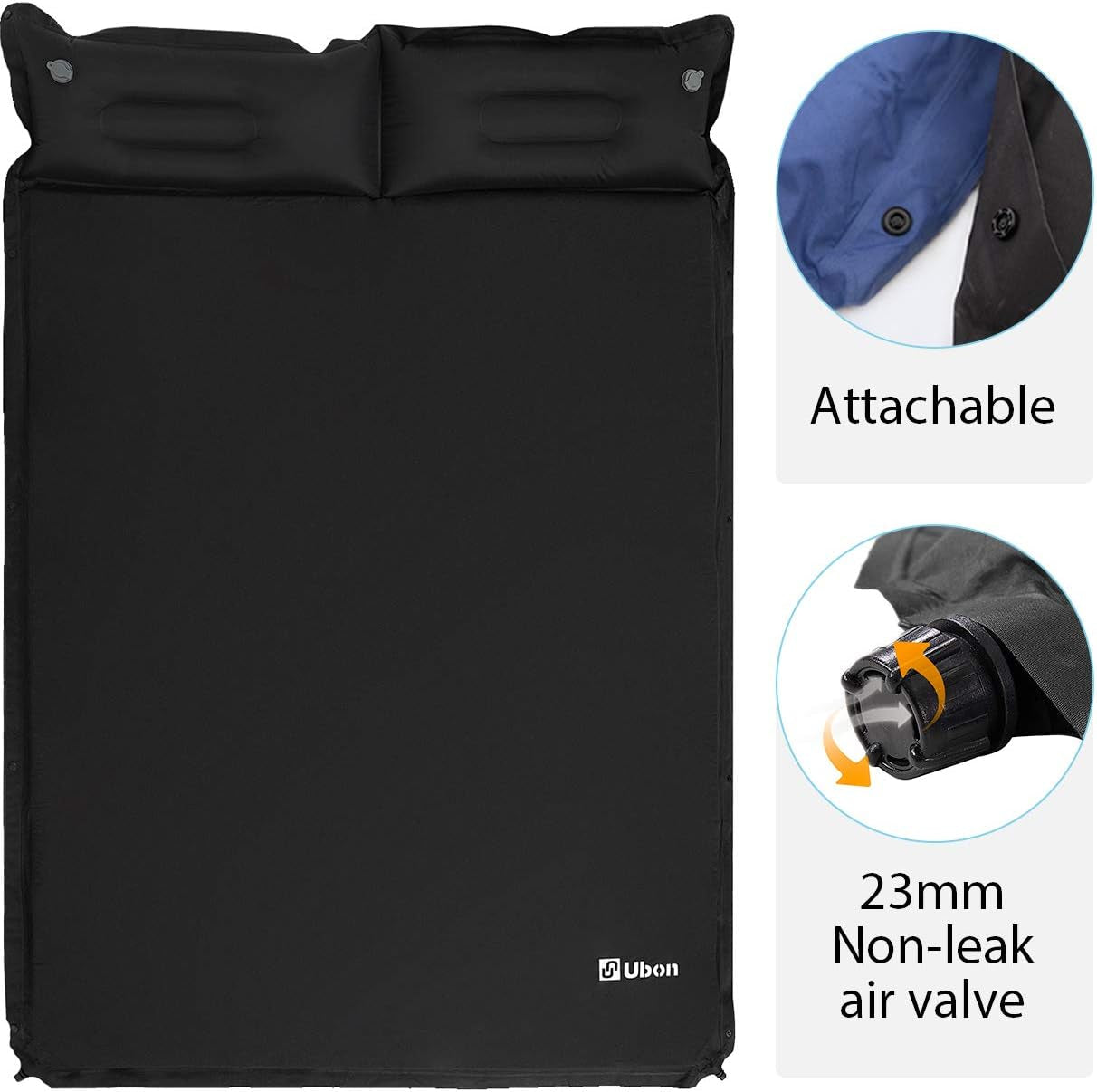 Ultimate Double Self-Inflating Camping Sleeping Pad with Pillows - Perfect 2-Person Backpacking Mattress in Black