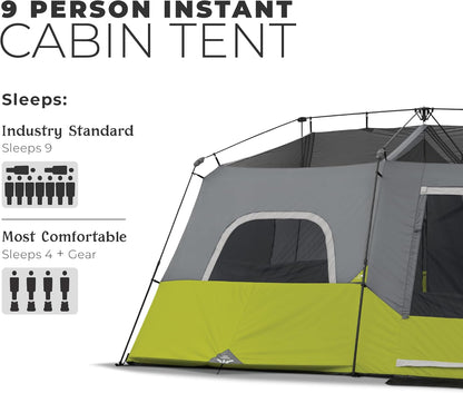 Spacious 9-Person Instant Cabin Tent - 14' x 9' - Easy Setup in Green