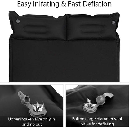 Ultimate Double Self-Inflating Camping Sleeping Pad with Pillows - Perfect 2-Person Backpacking Mattress in Black